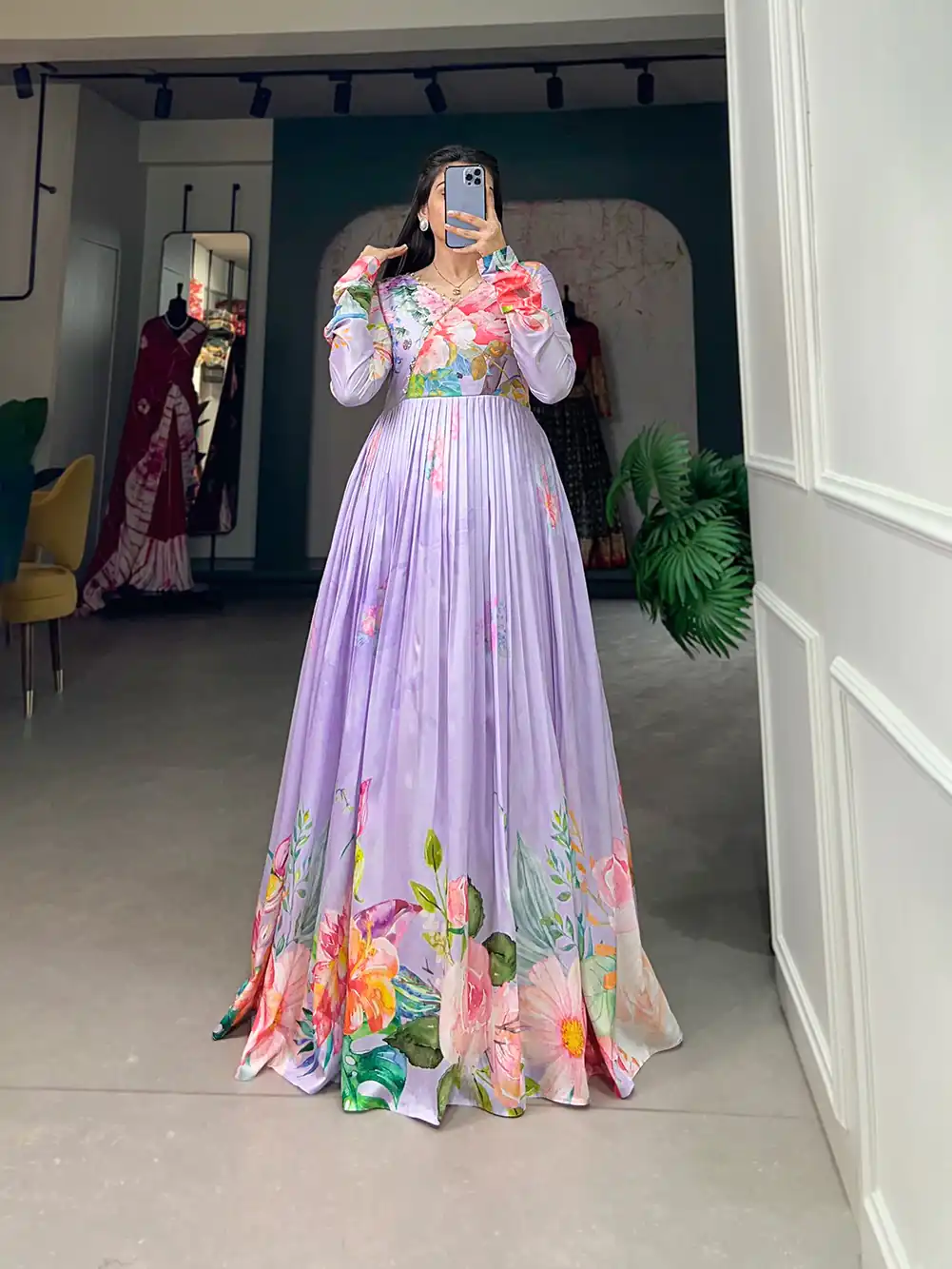 YNF 5018 Purple Color tussah silk Floral Printed Gown Casual, Wedding, Party, Festive, Events Etc. Expected Delivery 4-6 Working Days @1899/- | Gowns, Bollywood Gowns, Creative Gowns, Designer Gowns, Embroidered Gowns, Party Wear Gowns
