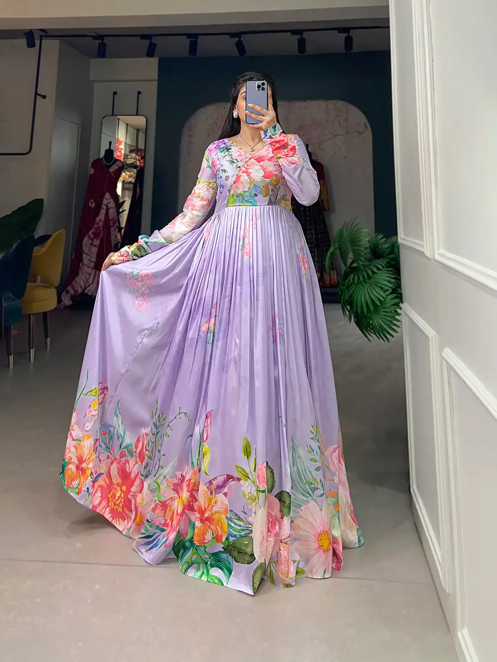 YNF 5018 Purple Color tussah silk Floral Printed Gown Casual, Wedding, Party, Festive, Events Etc. Expected Delivery 4-6 Working Days @1899/- | Gowns, Bollywood Gowns, Creative Gowns, Designer Gowns, Embroidered Gowns, Party Wear Gowns
