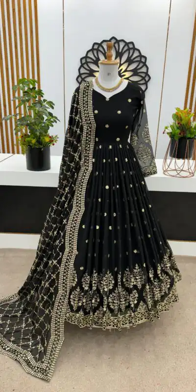 ZF 359 Black Color Georgette Embroidery Sequence Work Gown Casual, Wedding, Party, Festive, Events Etc. Expected Delivery 4-6 Working Days @1999/- | Gowns, Bollywood Gowns, Creative Gowns, Designer Gowns, Embroidered Gowns, Party Wear Gowns