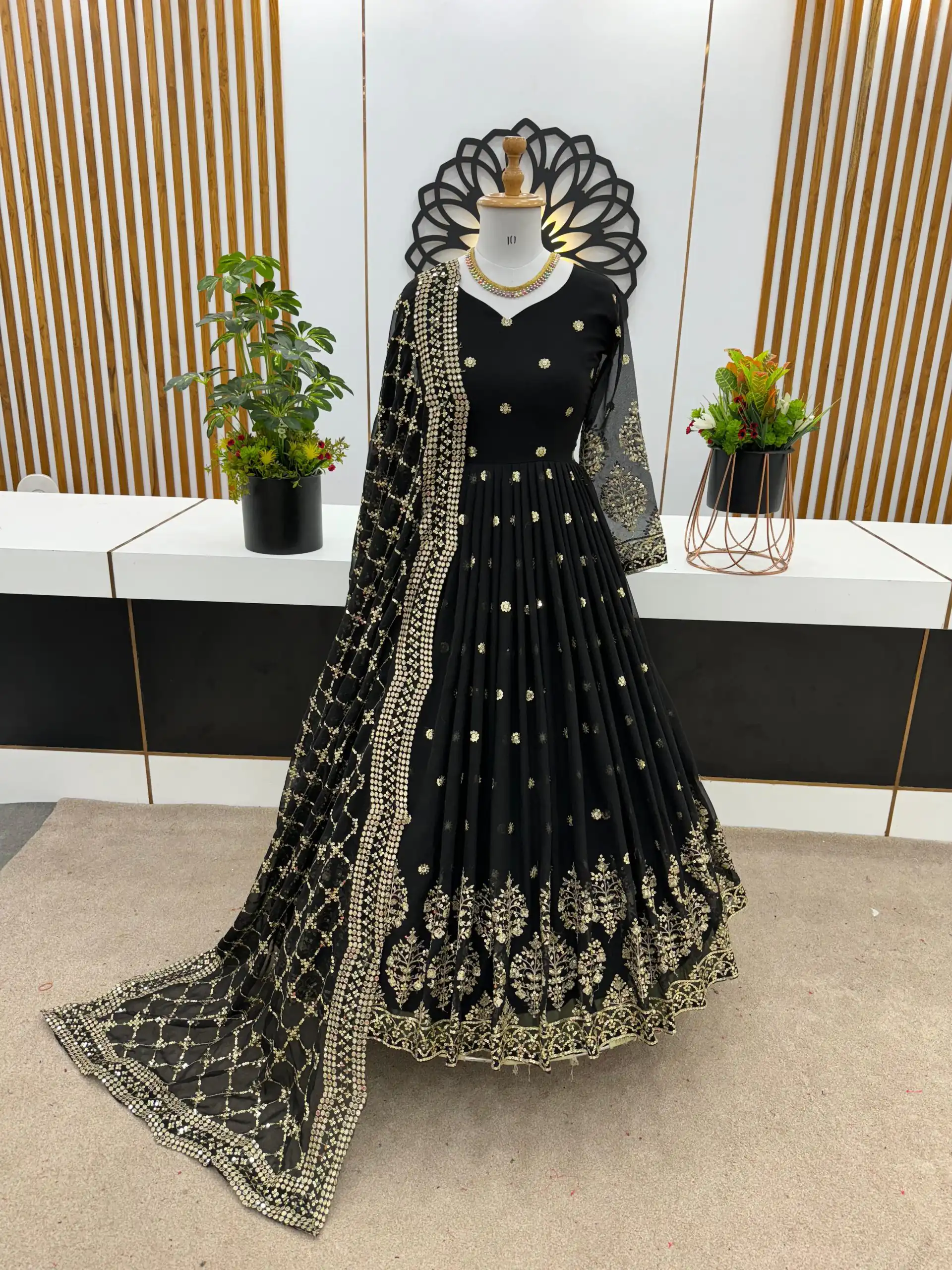 ZF 359 Black Color Georgette Embroidery Sequence Work Gown Casual, Wedding, Party, Festive, Events Etc. Expected Delivery 4-6 Working Days @1999/- | Gowns, Bollywood Gowns, Creative Gowns, Designer Gowns, Embroidered Gowns, Party Wear Gowns