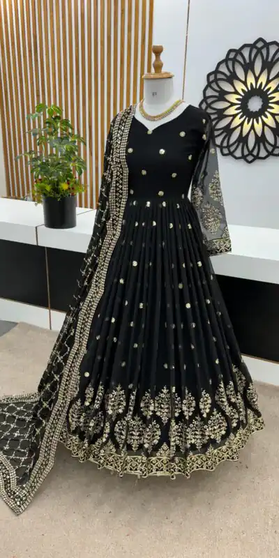 ZF 359 Black Color Georgette Embroidery Sequence Work Gown Casual, Wedding, Party, Festive, Events Etc. Expected Delivery 4-6 Working Days @1999/- | Gowns, Bollywood Gowns, Creative Gowns, Designer Gowns, Embroidered Gowns, Party Wear Gowns