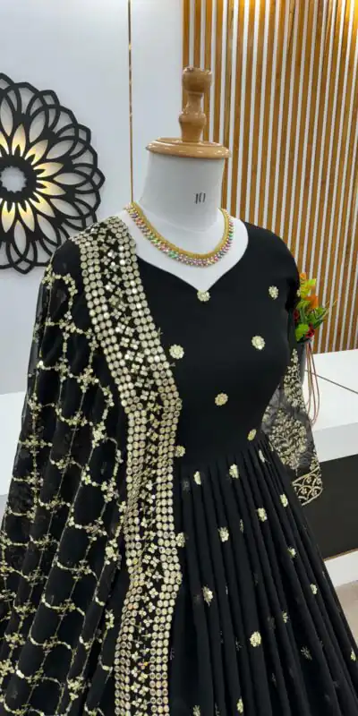 ZF 359 Black Color Georgette Embroidery Sequence Work Gown Casual, Wedding, Party, Festive, Events Etc. Expected Delivery 4-6 Working Days @1999/- | Gowns, Bollywood Gowns, Creative Gowns, Designer Gowns, Embroidered Gowns, Party Wear Gowns