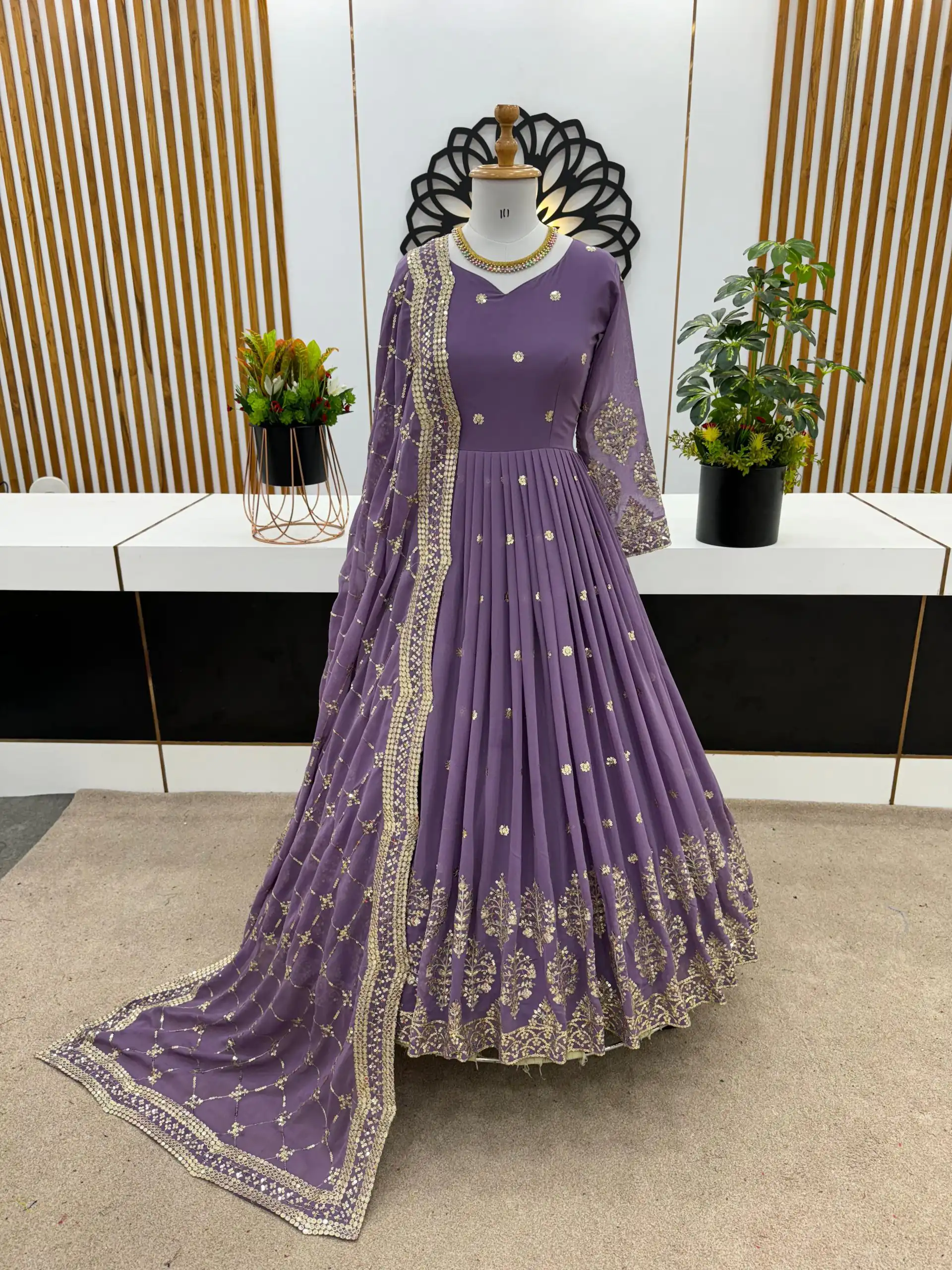 ZF 359 Light Purple Color Georgette Embroidery Sequence Work Gown Casual, Wedding, Party, Festive, Events Etc. Expected Delivery 4-6 Working Days @1999/- | Gowns, Bollywood Gowns, Creative Gowns, Designer Gowns, Embroidered Gowns, Party Wear Gowns
