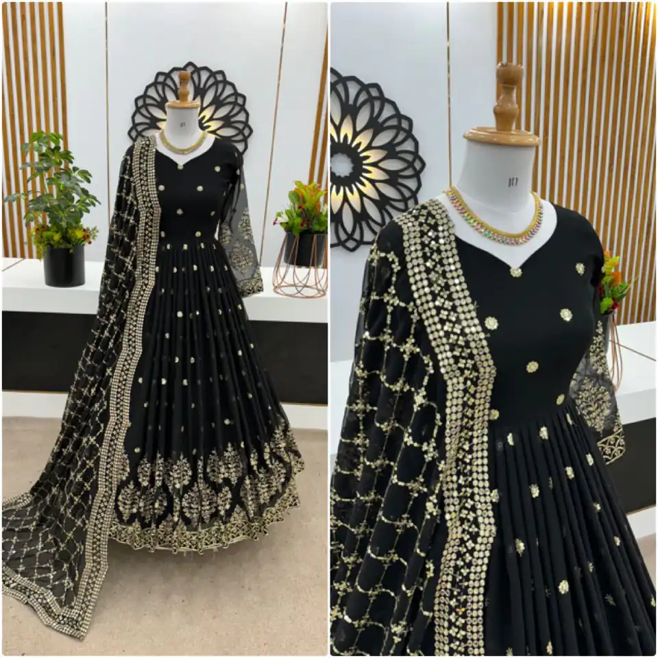ZF 359 Black Color Georgette Embroidery Sequence Work Gown Casual, Wedding, Party, Festive, Events Etc. Expected Delivery 4-6 Working Days @1999/- | Gowns, Bollywood Gowns, Creative Gowns, Designer Gowns, Embroidered Gowns, Party Wear Gowns