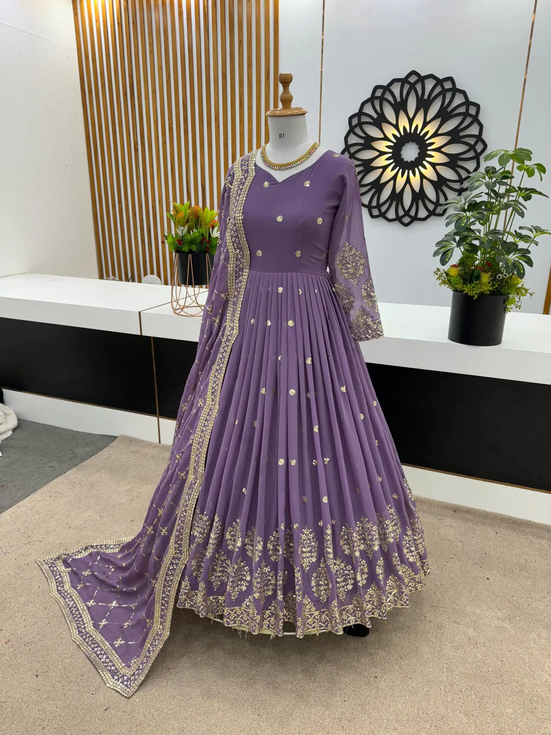ZF 359 Light Purple Color Georgette Embroidery Sequence Work Gown Casual, Wedding, Party, Festive, Events Etc. Expected Delivery 4-6 Working Days @1999/- | Gowns, Bollywood Gowns, Creative Gowns, Designer Gowns, Embroidered Gowns, Party Wear Gowns
