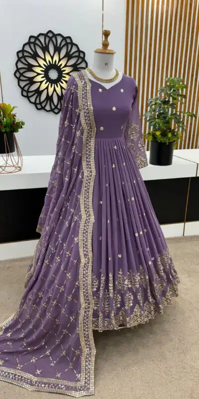 ZF 359 Light Purple Color Georgette Embroidery Sequence Work Gown Casual, Wedding, Party, Festive, Events Etc. Expected Delivery 4-6 Working Days @1999/- | Gowns, Bollywood Gowns, Creative Gowns, Designer Gowns, Embroidered Gowns, Party Wear Gowns