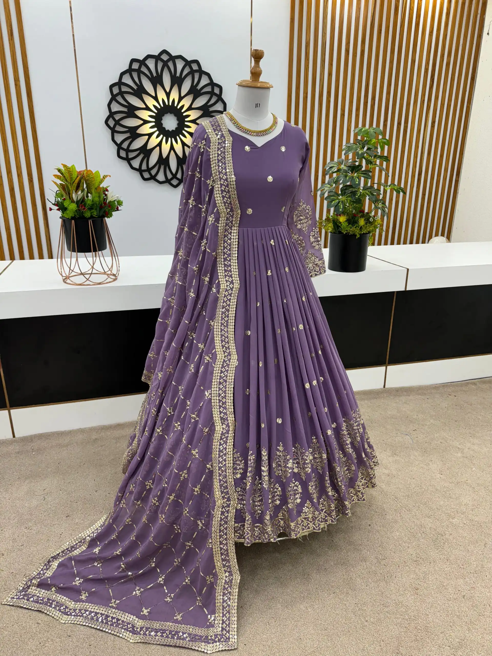 ZF 359 Light Purple Color Georgette Embroidery Sequence Work Gown Casual, Wedding, Party, Festive, Events Etc. Expected Delivery 4-6 Working Days @1999/- | Gowns, Bollywood Gowns, Creative Gowns, Designer Gowns, Embroidered Gowns, Party Wear Gowns
