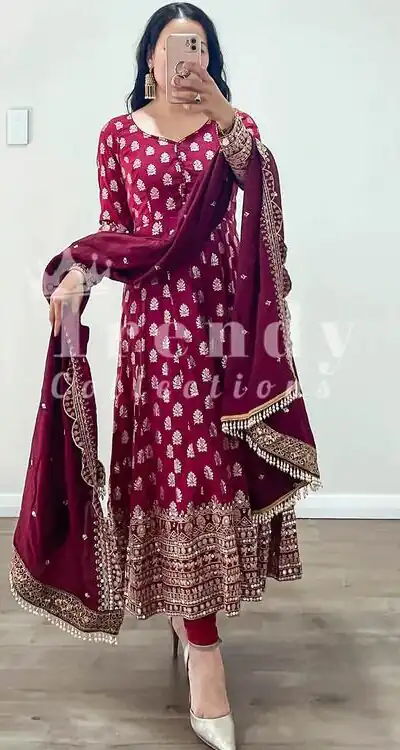 ZF 331 Maroon  Color Georgette Embroidery Sequence Work Gown Casual, Wedding, Party, Festive, Events Etc. Expected Delivery 4-6 Working Days @2149/- | Gowns, Bollywood Gowns, Creative Gowns, Designer Gowns, Embroidered Gowns, Party Wear Gowns