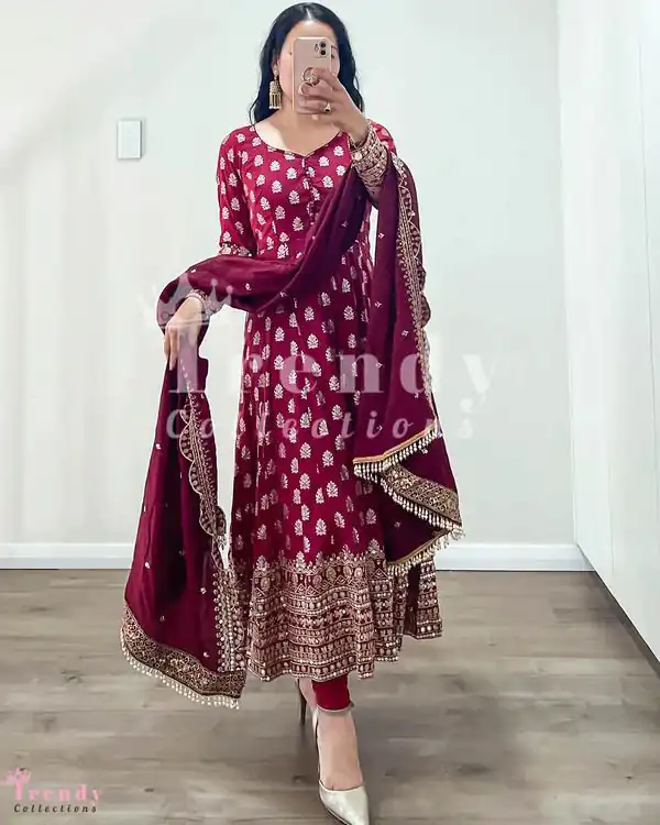 ZF 331 Maroon  Color Georgette Embroidery Sequence Work Gown Casual, Wedding, Party, Festive, Events Etc. Expected Delivery 4-6 Working Days @2149/- | Gowns, Bollywood Gowns, Creative Gowns, Designer Gowns, Embroidered Gowns, Party Wear Gowns
