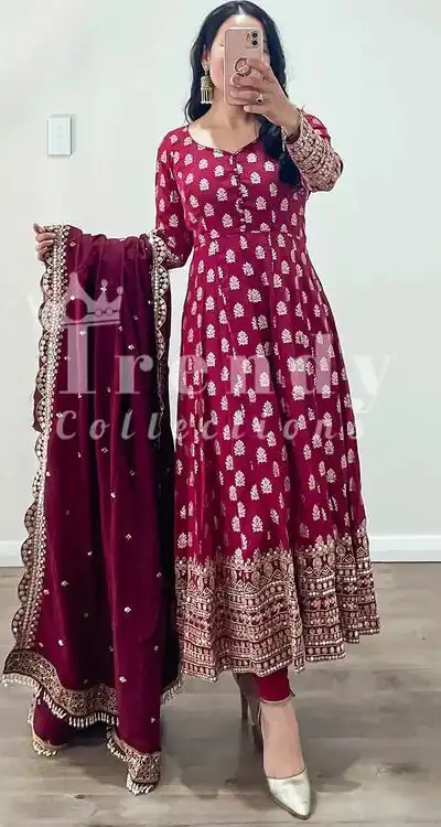 ZF 331 Maroon  Color Georgette Embroidery Sequence Work Gown Casual, Wedding, Party, Festive, Events Etc. Expected Delivery 4-6 Working Days @2149/- | Gowns, Bollywood Gowns, Creative Gowns, Designer Gowns, Embroidered Gowns, Party Wear Gowns