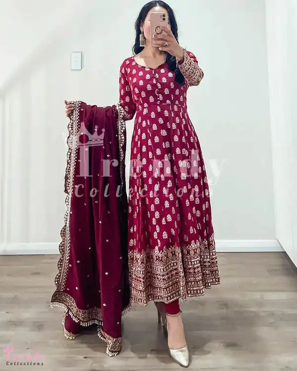 ZF 331 Maroon  Color Georgette Embroidery Sequence Work Gown Casual, Wedding, Party, Festive, Events Etc. Expected Delivery 4-6 Working Days @2149/- | Gowns, Bollywood Gowns, Creative Gowns, Designer Gowns, Embroidered Gowns, Party Wear Gowns
