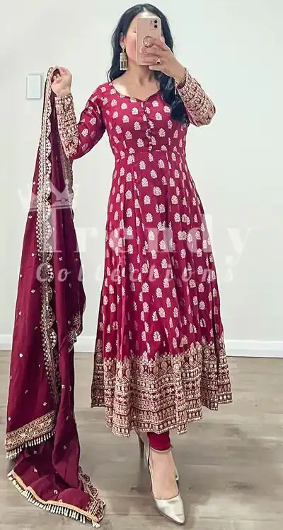 ZF 331 Maroon  Color Georgette Embroidery Sequence Work Gown Casual, Wedding, Party, Festive, Events Etc. Expected Delivery 4-6 Working Days @2149/- | Gowns, Bollywood Gowns, Creative Gowns, Designer Gowns, Embroidered Gowns, Party Wear Gowns