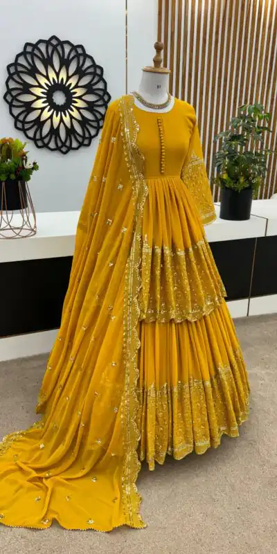 ZF 362 Yellow Faux Georgette With Heavy Embroidery Sequence Work Lehenga Choli Wedding, Party, Events Etc. Expected Delivery 4-6 Working Days 2099/- | Lehenga, Bollywood Lehenga, Creative Lehenga, Designer Lehenga, Embroidered Lehenga, Party Wear Lehenga