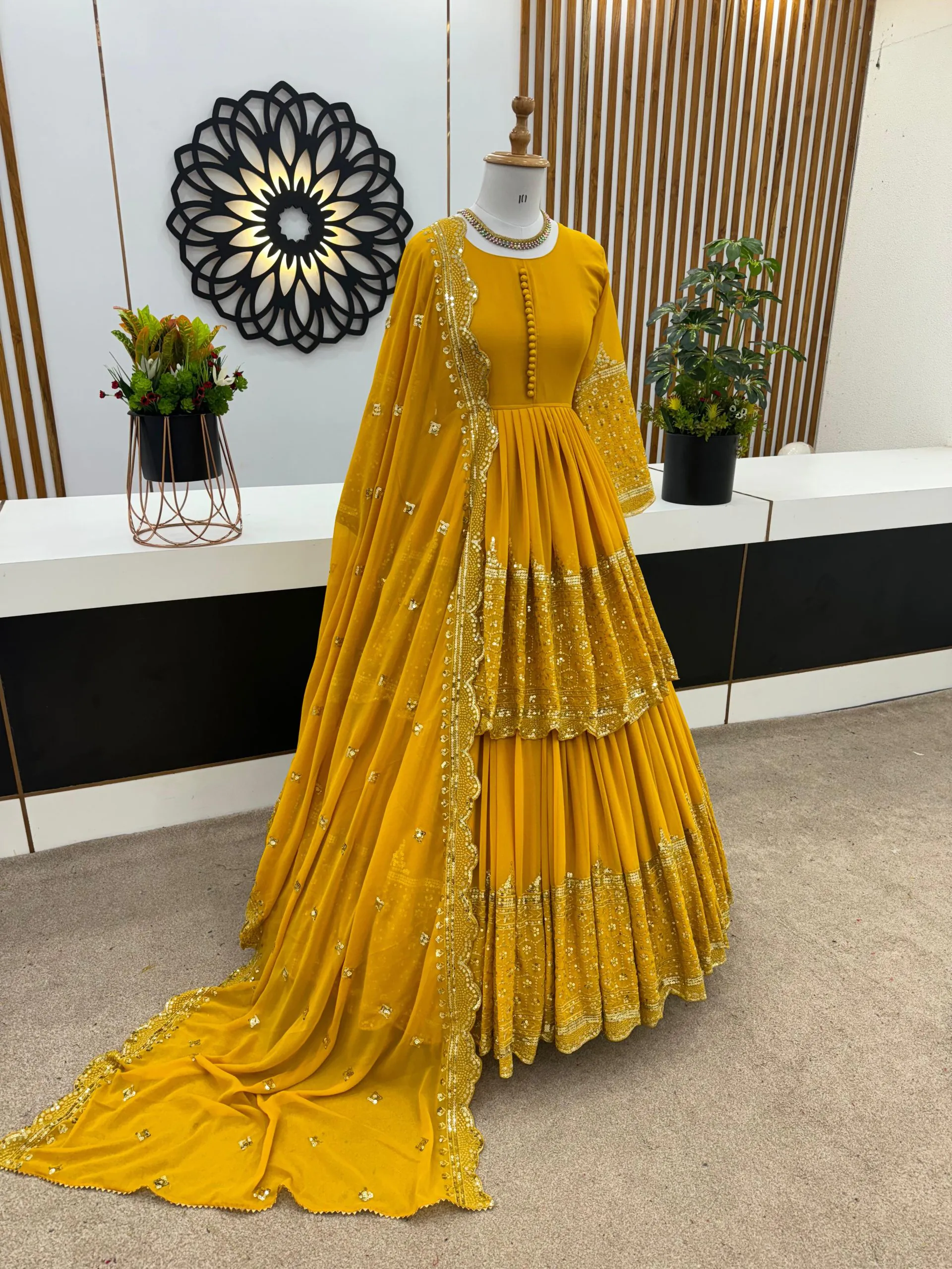 ZF 362 Yellow Faux Georgette With Heavy Embroidery Sequence Work Lehenga Choli Wedding, Party, Events Etc. Expected Delivery 4-6 Working Days 2099/- | Lehenga, Bollywood Lehenga, Creative Lehenga, Designer Lehenga, Embroidered Lehenga, Party Wear Lehenga
