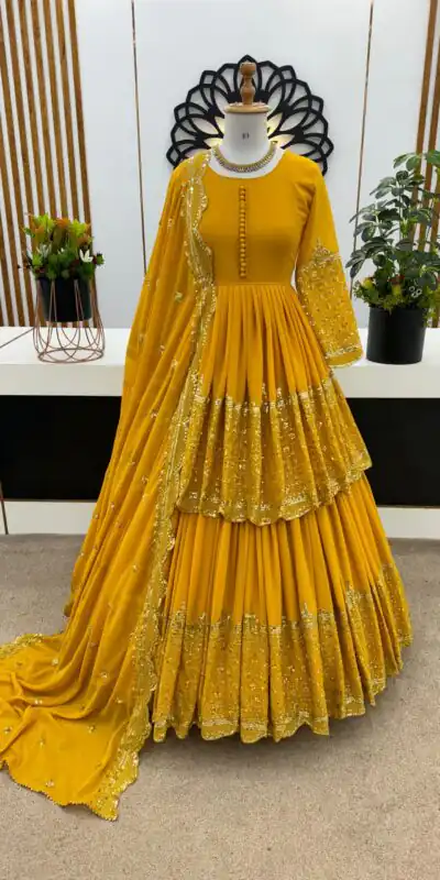 ZF 362 Yellow Faux Georgette With Heavy Embroidery Sequence Work Lehenga Choli Wedding, Party, Events Etc. Expected Delivery 4-6 Working Days 2099/- | Lehenga, Bollywood Lehenga, Creative Lehenga, Designer Lehenga, Embroidered Lehenga, Party Wear Lehenga
