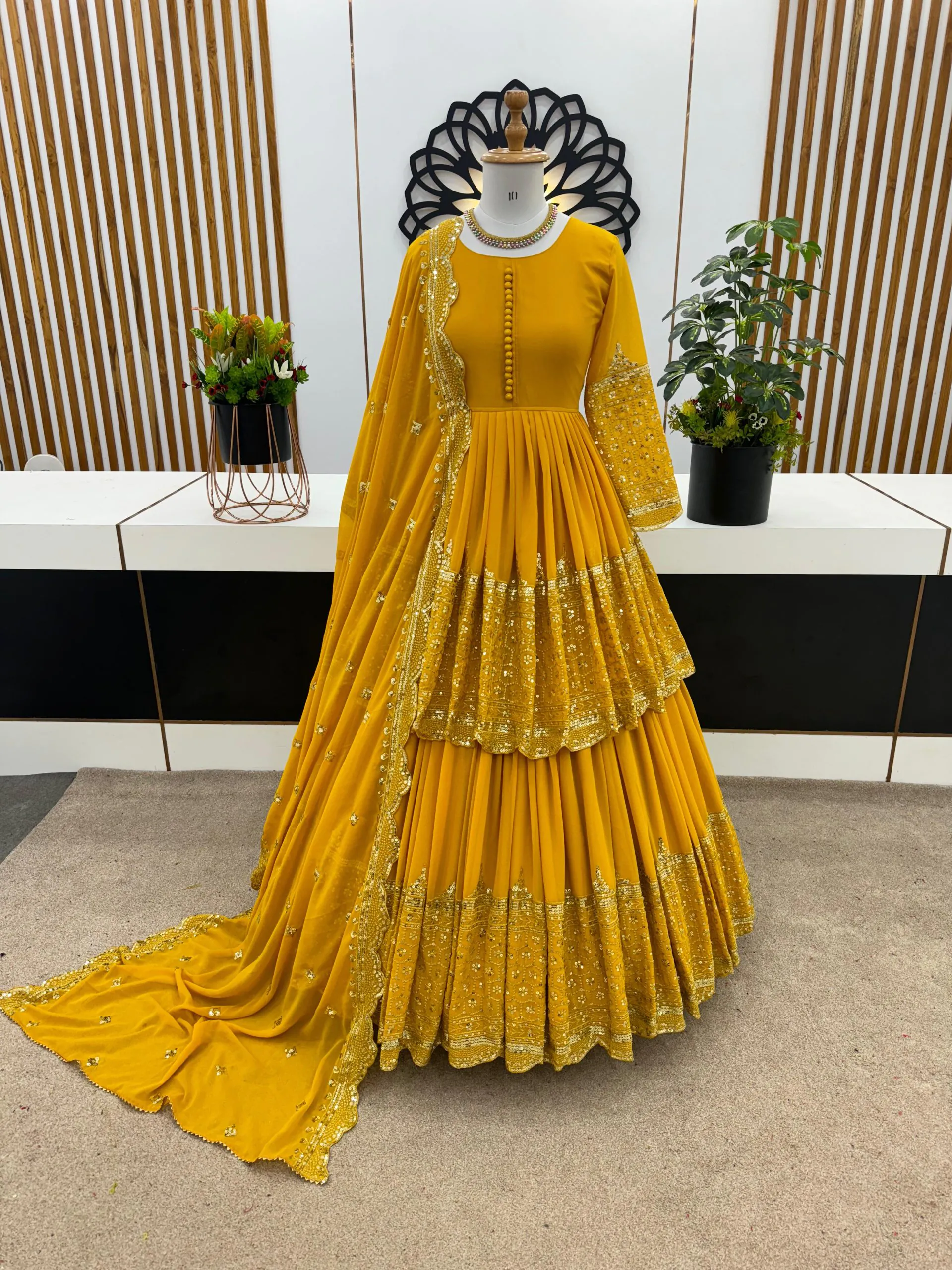 ZF 362 Yellow Faux Georgette With Heavy Embroidery Sequence Work Lehenga Choli Wedding, Party, Events Etc. Expected Delivery 4-6 Working Days 2099/- | Lehenga, Bollywood Lehenga, Creative Lehenga, Designer Lehenga, Embroidered Lehenga, Party Wear Lehenga