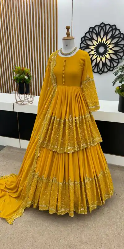 ZF 362 Yellow Faux Georgette With Heavy Embroidery Sequence Work Lehenga Choli Wedding, Party, Events Etc. Expected Delivery 4-6 Working Days 2099/- | Lehenga, Bollywood Lehenga, Creative Lehenga, Designer Lehenga, Embroidered Lehenga, Party Wear Lehenga