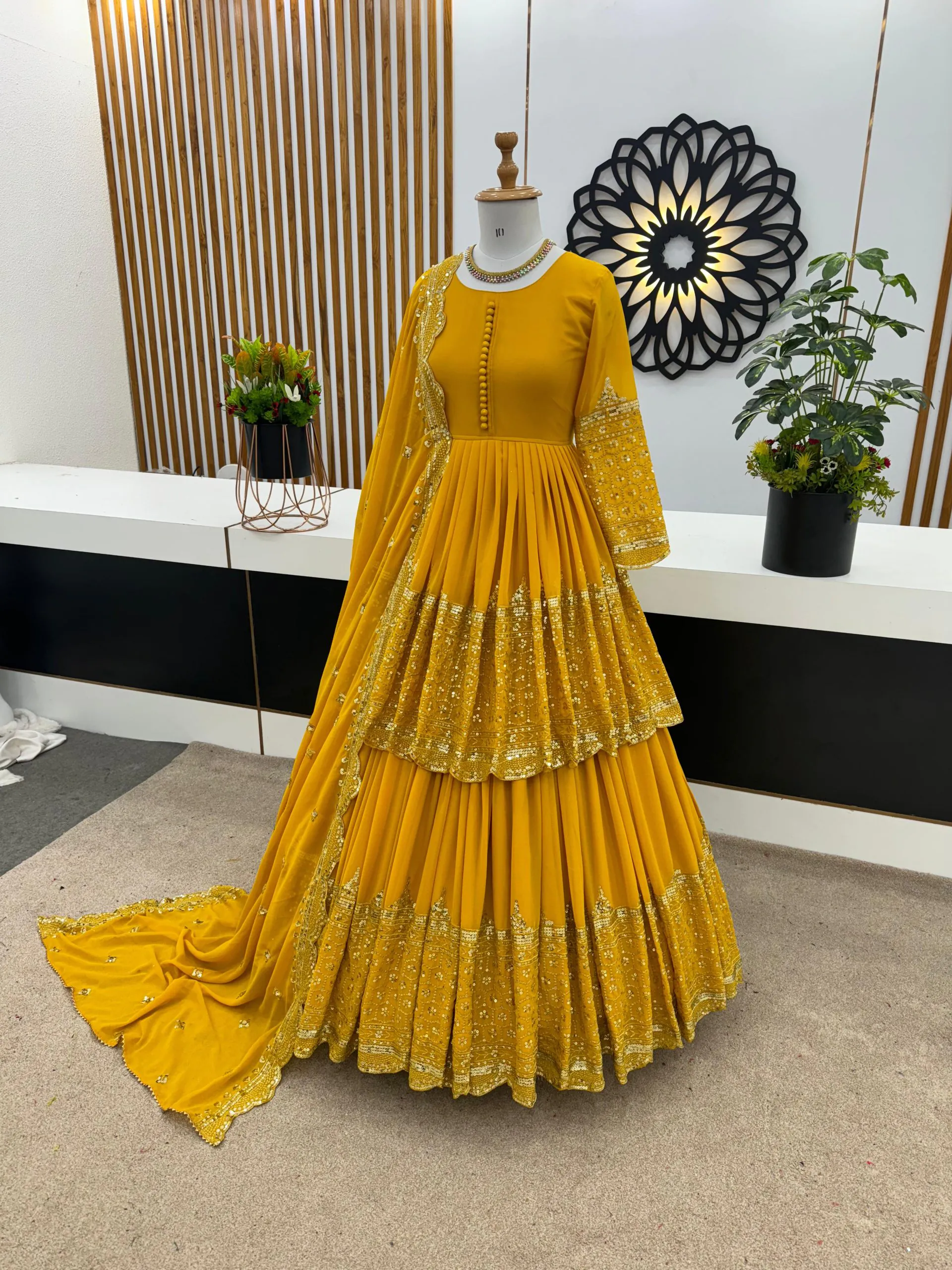 ZF 362 Yellow Faux Georgette With Heavy Embroidery Sequence Work Lehenga Choli Wedding, Party, Events Etc. Expected Delivery 4-6 Working Days 2099/- | Lehenga, Bollywood Lehenga, Creative Lehenga, Designer Lehenga, Embroidered Lehenga, Party Wear Lehenga