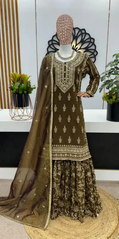 ZF 370 coffee Color Georgette Embroidery Sequence Work Sharara Suit Wedding, Party, Festive, Events Etc. Expected Delivery 4-6 Working Days @2299/- | Salwar suit, Designer Suits, Casual Suits, Creative suits, Palazzo Suits, Party Wear Suits, Patiala Suits, Straight Suits
