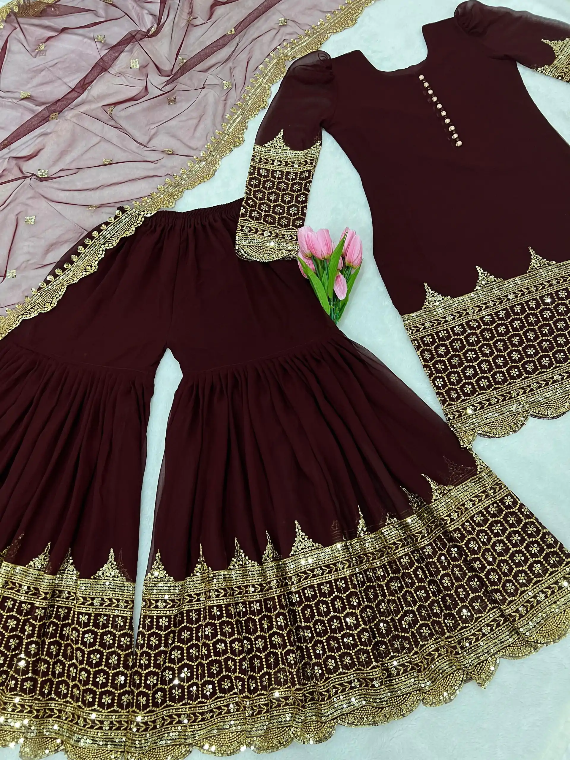ZF 250 Maroon Color Faux Georgette Embroidery Sequence Work Sharara Suit Wedding, Party, Festive, Events Etc. Expected Delivery 4-6 Working Days @1999/- | Jump Suits, Salwar suit, Designer Suits, Casual Suits, Creative suits, Palazzo Suits, Party Wear Suits, Patiala Suits, Straight Suits