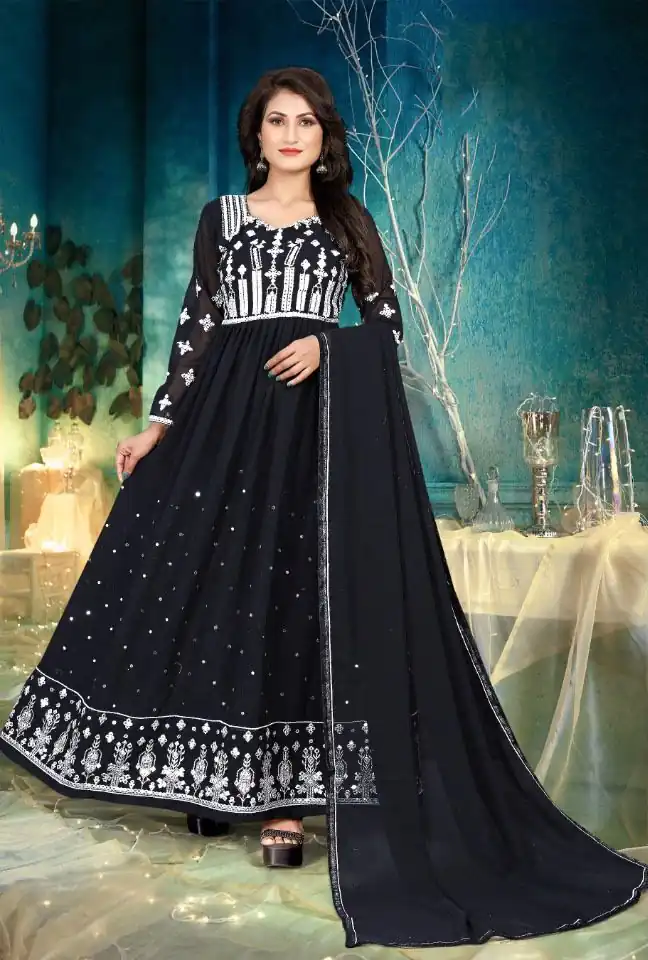 DS 1130 Black color Georgette with Foil Embroidery Stone Work Anarkali Suit Wedding, Party, Festive, Events Etc. Expected Delivery 4-6 Working Days @1999/- | Anarkali Suits, Bollywood Anarkali, Creative-Anarkali, Designer Anarkali, Embroidered Anarkali, Party Wear Anarkali
