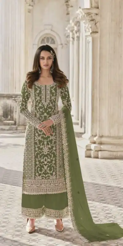 Adorable Green Color Butterfly Net And Embroidery Work Sharara