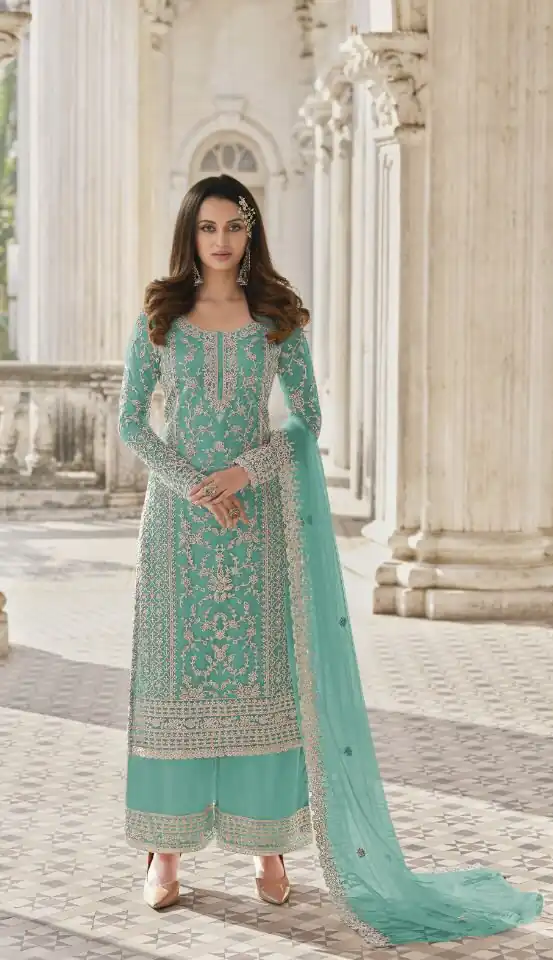 S 3304 Light Green Top : Butterfly Net Work : Embroidery Work Wedding, Festive, Events Embroidered Sharara @2299 | Salwar suit, Designer Suits, Casual Suits, Creative suits, Palazzo Suits, Party Wear Suits, Straight Suits