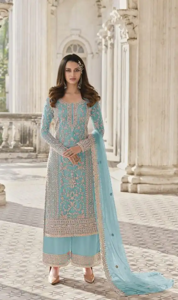 Adorable Sky Blue Color Butterfly Net And Embroidery Work Sharara