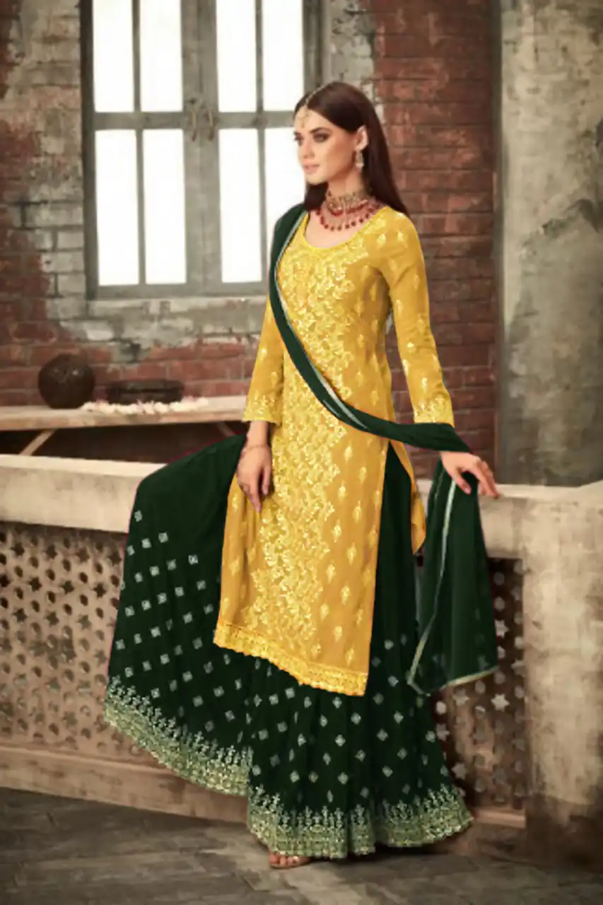 MOHINI 57000 Yellow & Green Color: Yellow & Green Fabrics: Top :- Georgette Embroidery Work Work :- Embroidery WorkDupatta:- Nazmin Chiffon | Salwar suit, Designer Suits, Casual Suits, Creative suits, Palazzo Suits, Party Wear Suits, Straight Suits