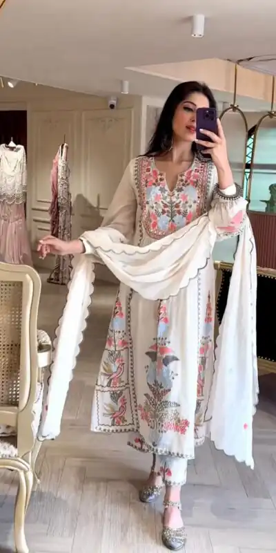 RTC 5541 White Color Salwar Suit : Faux Georgette Work : Embroidery Work Wedding, Traditionl Wear, Festive, Events @2099/- | Salwar suit, Designer Suits, Casual Suits, Creative suits, Palazzo Suits, Party Wear Suits, Straight Suits