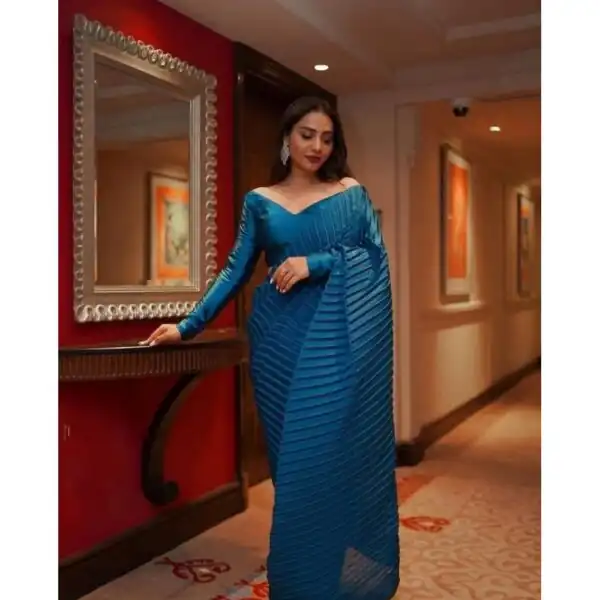 SN 706 Blue Saree : Japan Satin Silk Work : Fancy Pleating Work Casual, Party Wear, Wedding Parineeti Chopra In Peach @1399/- | Sarees, Bollywood Sarees, Creative Sarees, Designer Sarees, Embroidered Sarees, Ethnic Saree, Modern Digital sarees, Party Wear Sarees