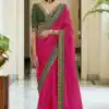 Dazzling Pink Color Heavy Border Vichitra Silk Wedding Saree