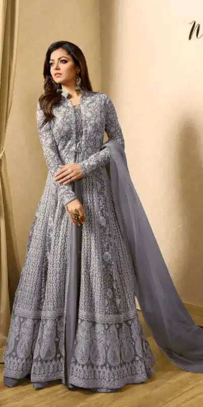 LT 1706 GreyColor: GreyFabrics: Top Fabric :Georgette Bottom Fabric : Santoon Dupatta Fabric : NazmeenStitch Type: Semi-Sttiched | Anarkali Suits, Bollywood Anarkali, Creative-Anarkali, Designer Anarkali, Embroidered Anarkali, Party Wear Anarkali