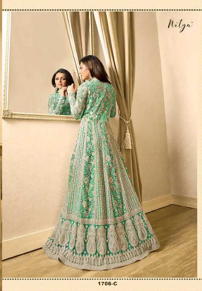 T 1706 Light GreenColor: Light GreenFabrics: Top Fabric :Georgette Bottom Fabric : Santoon Dupatta Fabric : NazmeenStitch Type: Semi-Sttiched | Anarkali Suits, Bollywood Anarkali, Creative-Anarkali, Designer Anarkali, Embroidered Anarkali, Party Wear Anarkali