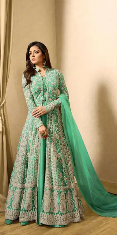 T 1706 Light GreenColor: Light GreenFabrics: Top Fabric :Georgette Bottom Fabric : Santoon Dupatta Fabric : NazmeenStitch Type: Semi-Sttiched | Anarkali Suits, Bollywood Anarkali, Creative-Anarkali, Designer Anarkali, Embroidered Anarkali, Party Wear Anarkali