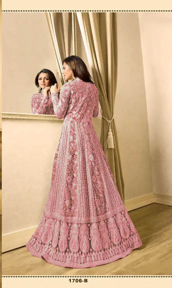 T 1706 PinkColor: PinkFabrics: Top Fabric :Georgette Bottom Fabric : Santoon Dupatta Fabric : NazmeenStitch Type: Semi-Sttiched | Anarkali Suits, Bollywood Anarkali, Creative-Anarkali, Designer Anarkali, Embroidered Anarkali, Party Wear Anarkali