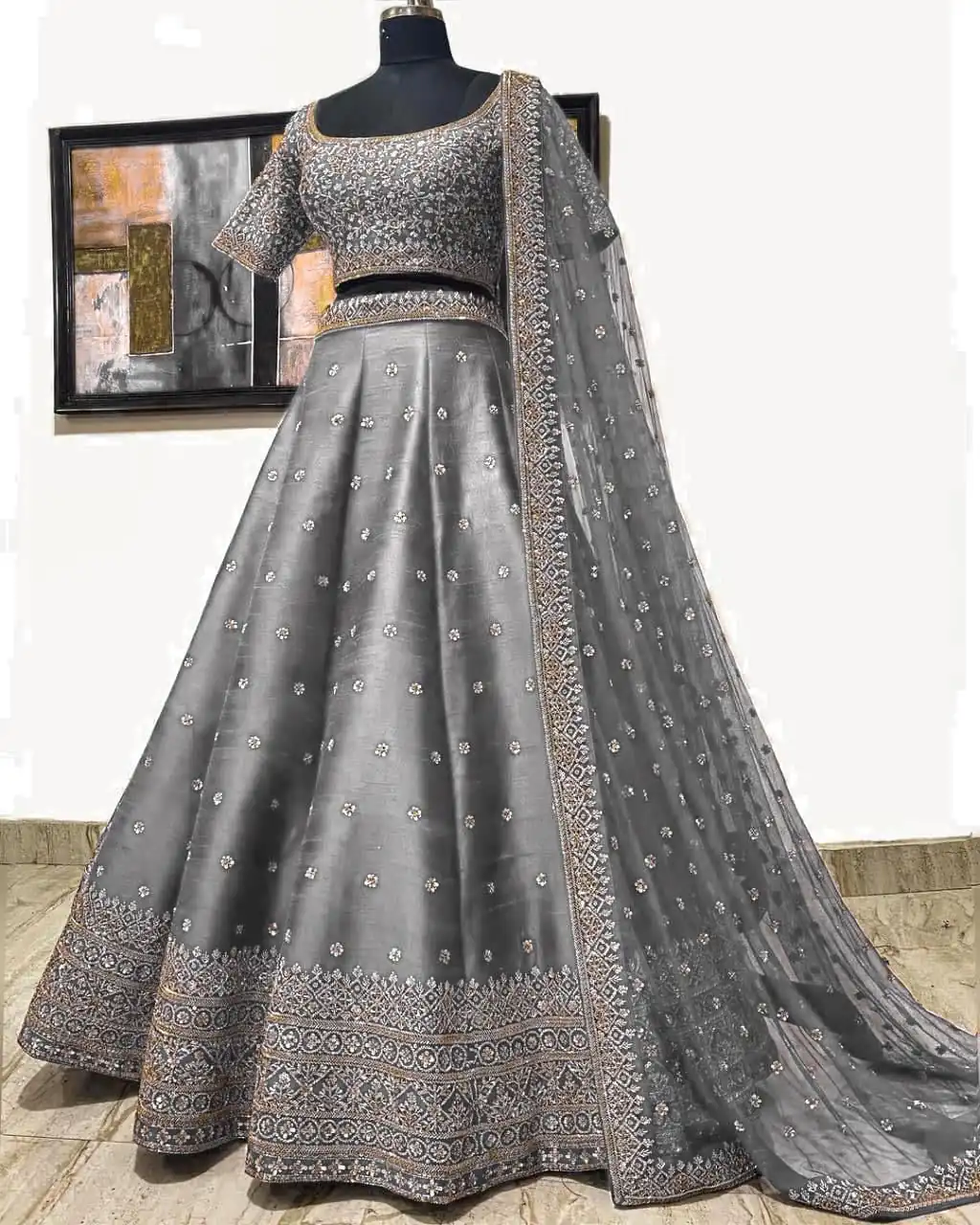 LG 396 Grey Lehenga : Mulberry Silk Blouse : Mulberry Silk Embroidery Sequence Work Dupatta : Georgette Wedding, Party, Festive @1899/- | Lehenga, Bollywood Lehenga, Creative Lehenga, Designer Lehenga, Embroidered Lehenga, Party Wear Lehenga