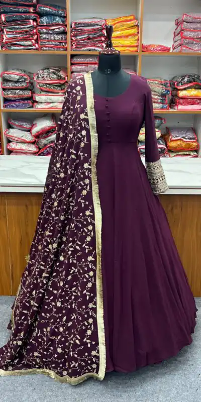 KB 241 Wine color Pure Soft Faux Georgette Anarkali Suit Casual, Wedding, Party, Festive, Events Etc. Expected Delivery 4-6 Working Days @2199/- | Anarkali Suits, Bollywood Anarkali, Creative-Anarkali, Designer Anarkali, Embroidered Anarkali, Party Wear Anarkali
