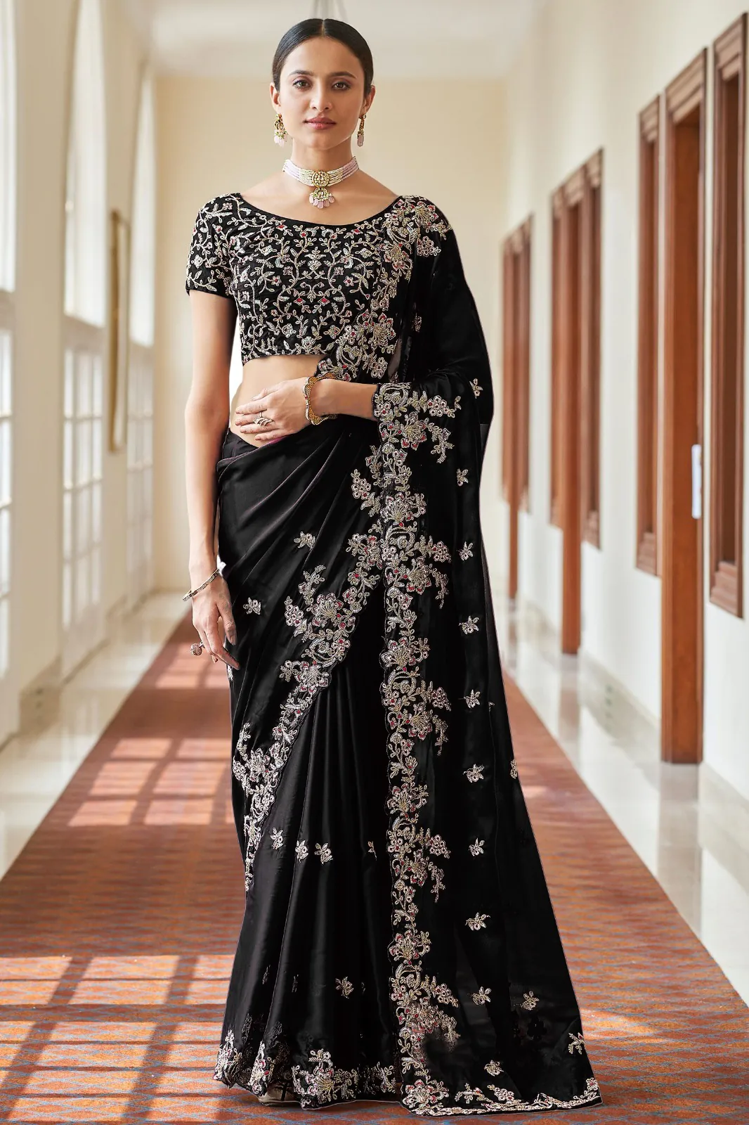 BT 180 Black Saree : Kasturi Silk Georgette Work : Zari & Thread Work, Blouse : Kasturi Silk Party Wear, Traditional Wear, Wedding Wear, Events Etc.@1849/- | Sarees, Bollywood Sarees, Creative Sarees, Designer Sarees, Ethnic Saree, Modern Digital sarees, Party Wear Sarees