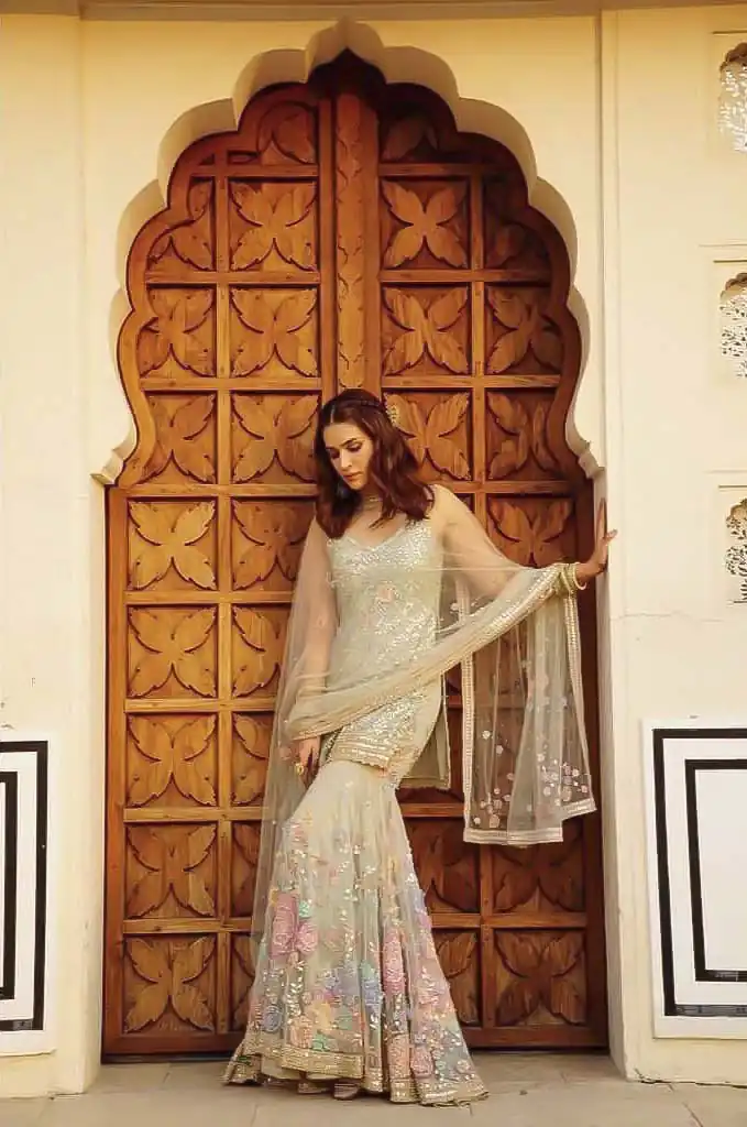 NSR 561 Off White Top : Soft Butterfly Net Sharara : Soft Butterfly Net Work : Embroidery With Heavy Sequence Work Wedding, Party, @2199/- | Salwar suit, Designer Suits, Casual Suits, Creative suits, Palazzo Suits, Party Wear Suits, Straight Suits