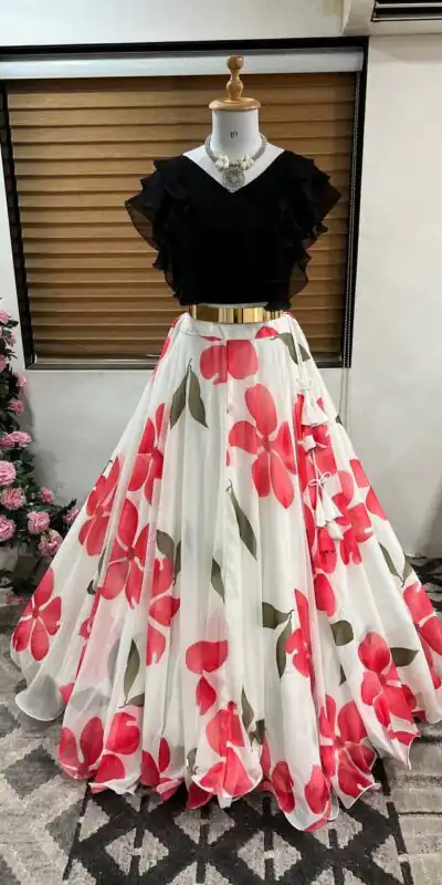 ZF 212 White Color Lehenga : Faux Georgette Blouse : Georgette Work : Digital Print Work Traditional Wear, Festive, Wedding, Events @1749/- | Lehenga, Bollywood Lehenga, Creative Lehenga, Designer Lehenga