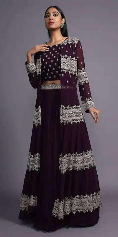 SR 417 Purple Jacket (Top) : Georgette Lehenga : Georgette Work : Heavy Embroidery Work Wedding, Party, Festive @1599/- Only | Lehenga, Bollywood Lehenga, Creative Lehenga, Designer Lehenga, Embroidered Lehenga, Party Wear Lehenga