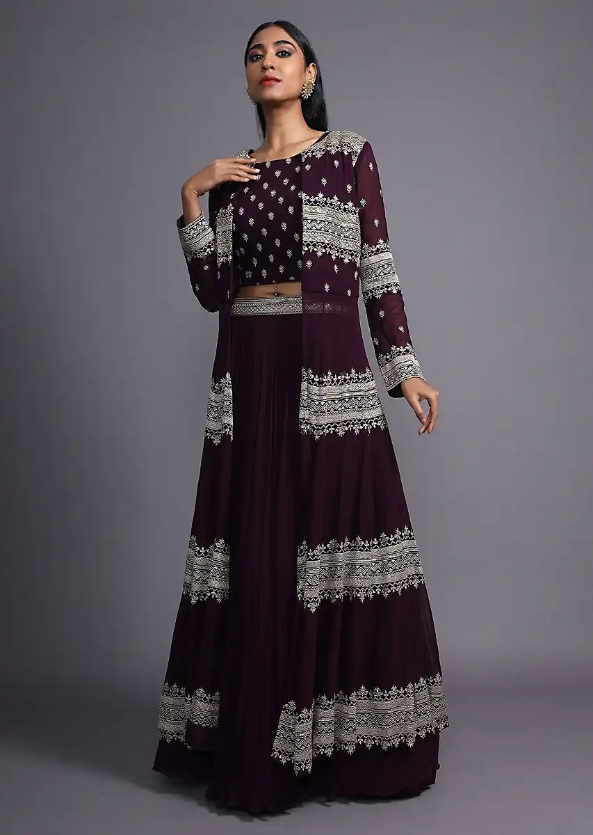 SR 417 Purple Jacket (Top) : Georgette Lehenga : Georgette Work : Heavy Embroidery Work Wedding, Party, Festive @1599/- Only | Lehenga, Bollywood Lehenga, Creative Lehenga, Designer Lehenga, Embroidered Lehenga, Party Wear Lehenga