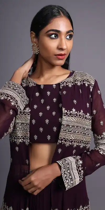 SR 417 Purple Jacket (Top) : Georgette Lehenga : Georgette Work : Heavy Embroidery Work Wedding, Party, Festive @1599/- Only | Lehenga, Bollywood Lehenga, Creative Lehenga, Designer Lehenga, Embroidered Lehenga, Party Wear Lehenga