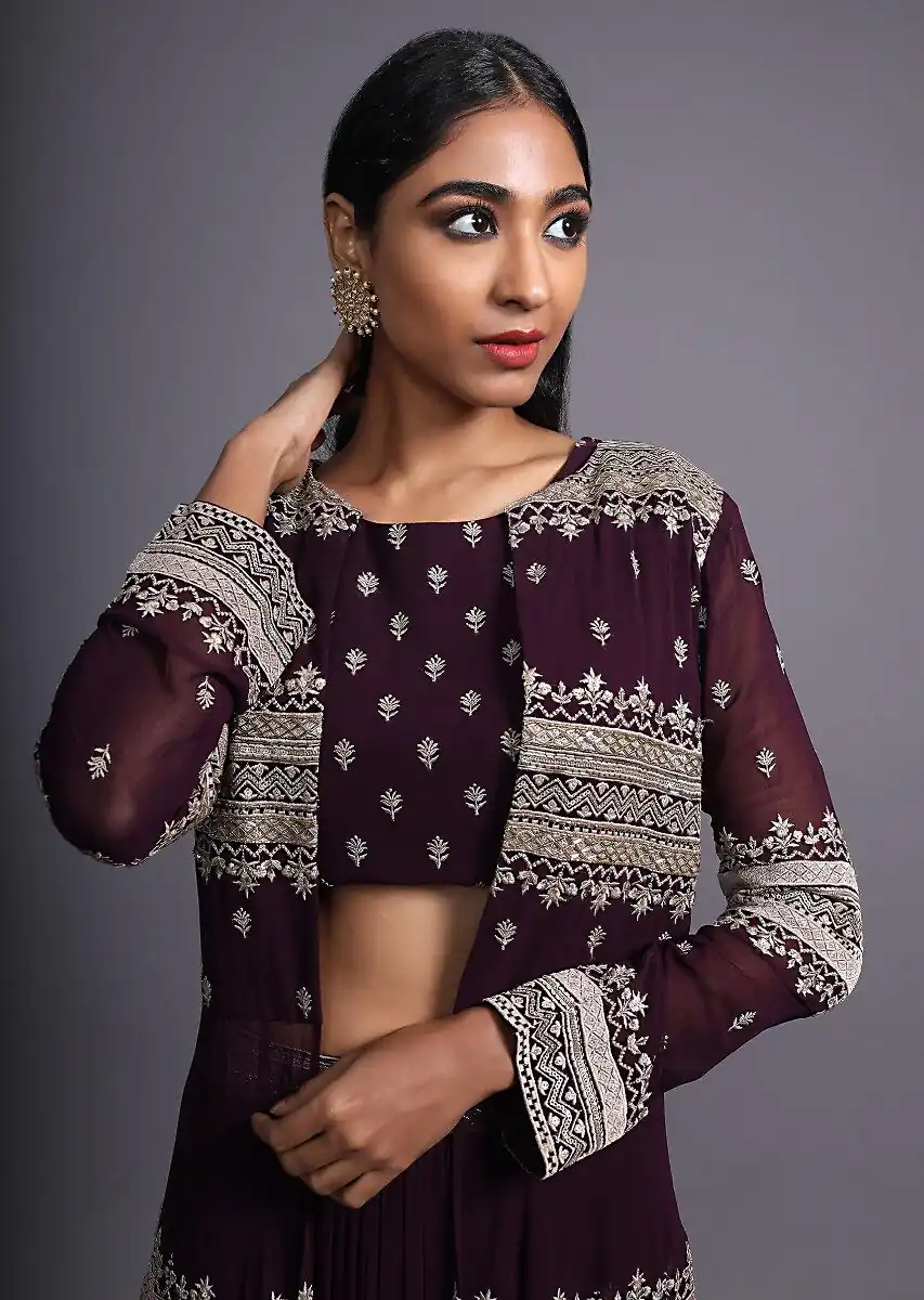 SR 417 Purple Jacket (Top) : Georgette Lehenga : Georgette Work : Heavy Embroidery Work Wedding, Party, Festive @1599/- Only | Lehenga, Bollywood Lehenga, Creative Lehenga, Designer Lehenga, Embroidered Lehenga, Party Wear Lehenga