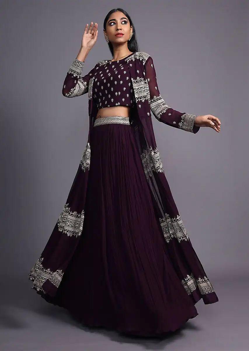 SR 417 Purple Jacket (Top) : Georgette Lehenga : Georgette Work : Heavy Embroidery Work Wedding, Party, Festive @1599/- Only | Lehenga, Bollywood Lehenga, Creative Lehenga, Designer Lehenga, Embroidered Lehenga, Party Wear Lehenga