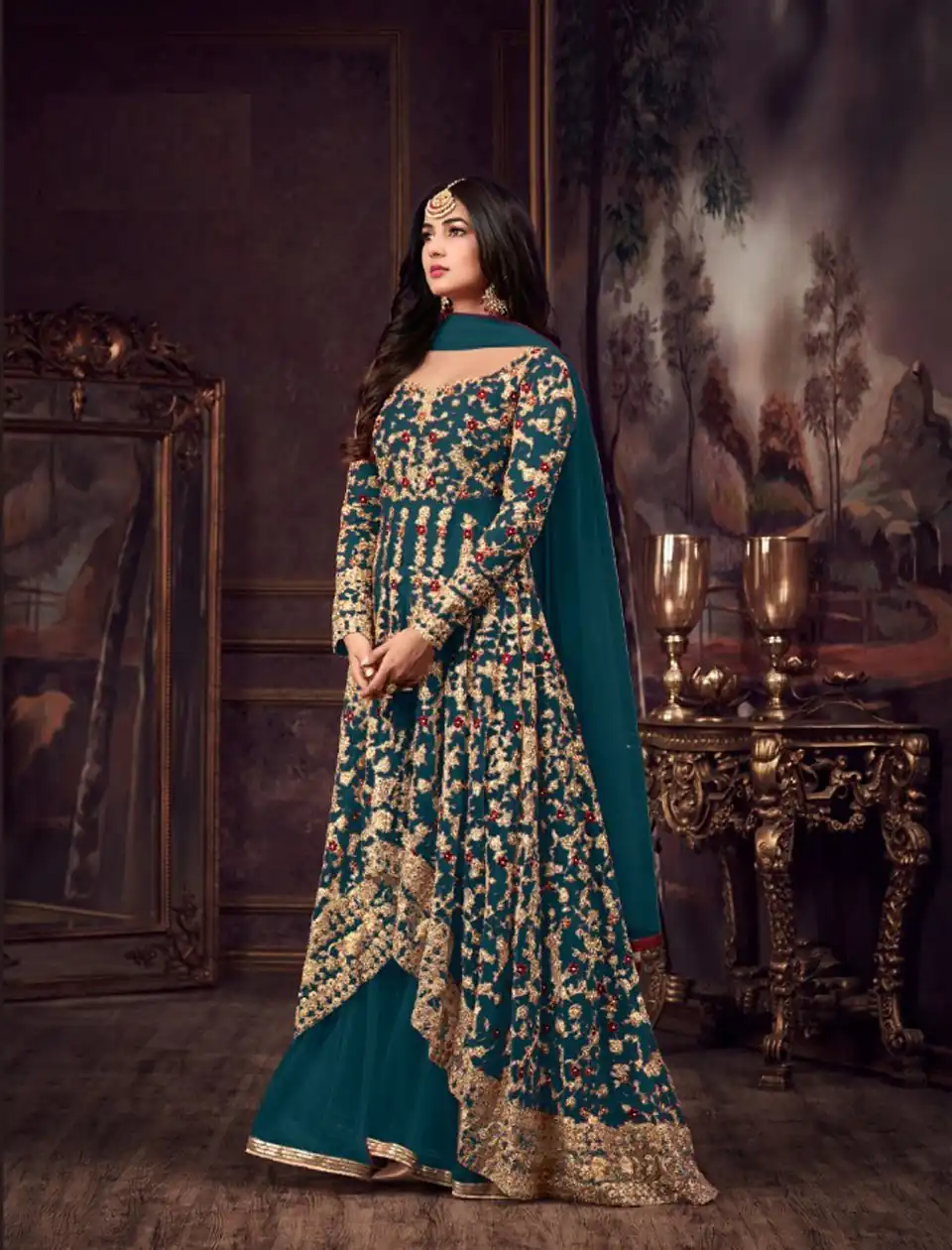 Maisha 5608 Peacock Blue Top : Heavy Net Work : Heavy Embroidery Coding With Diamond Work Bottom : Santoon Wedding, Party, Festive @3299/- | Anarkali Suits, Bollywood Anarkali, Creative-Anarkali, Designer Anarkali, Embroidered Anarkali, Party Wear Anarkali