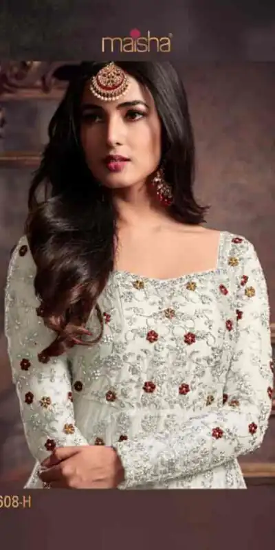 Maisha 5608 White Top : Heavy Net Work : Heavy Embroidery Coding With Diamond Work Bottom : Santoon Wedding, Party, Festive @3299/- | Anarkali Suits, Bollywood Anarkali, Creative-Anarkali, Designer Anarkali, Embroidered Anarkali, Party Wear Anarkali
