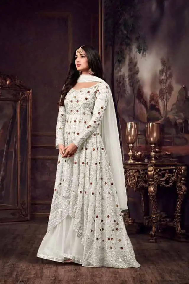 Maisha 5608 White Top : Heavy Net Work : Heavy Embroidery Coding With Diamond Work Bottom : Santoon Wedding, Party, Festive @3299/- | Anarkali Suits, Bollywood Anarkali, Creative-Anarkali, Designer Anarkali, Embroidered Anarkali, Party Wear Anarkali