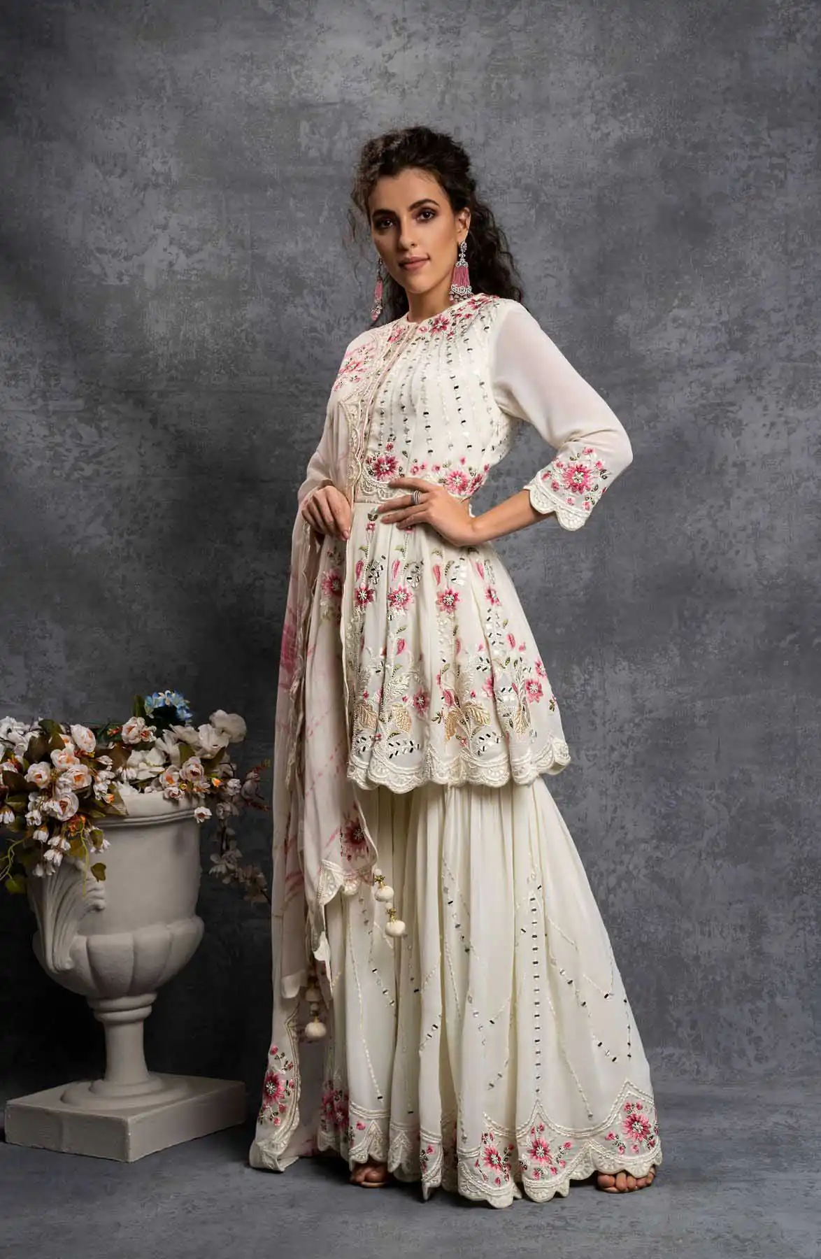 SR 1238 White Top : Heavy Fox Georgette Sharara : Fox Georgette Work : Heavy Embroidery With Real Mirror Work Wedding, Party @1849 Only | Salwar suit, Designer Suits, Casual Suits, Creative suits, Palazzo Suits, Party Wear Suits, Straight Suits